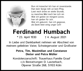 Anzeige von Ferdinand Humbach von Kölner Stadt-Anzeiger / Kölnische Rundschau / Express