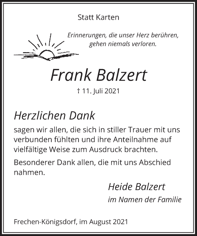  Traueranzeige für Frank Balzert vom 13.08.2021 aus  Wochenende 