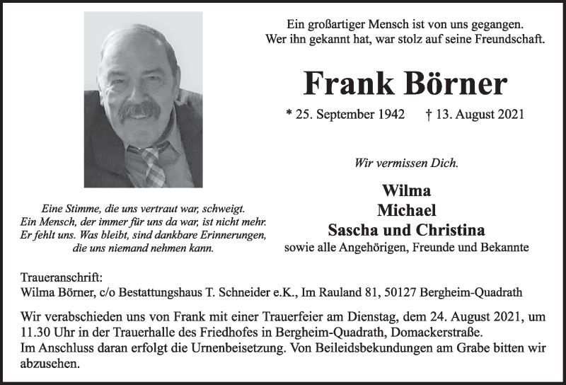  Traueranzeige für Frank Börner vom 20.08.2021 aus  Werbepost 