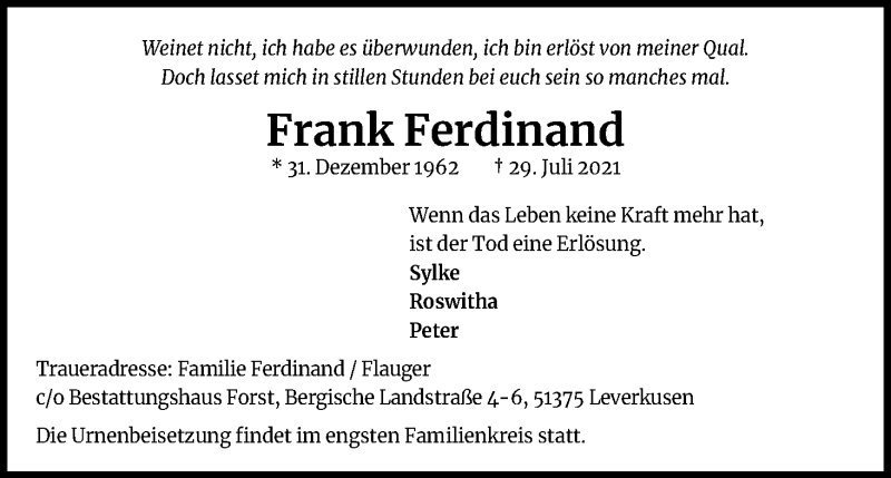  Traueranzeige für Frank Ferdinand vom 07.08.2021 aus Kölner Stadt-Anzeiger / Kölnische Rundschau / Express