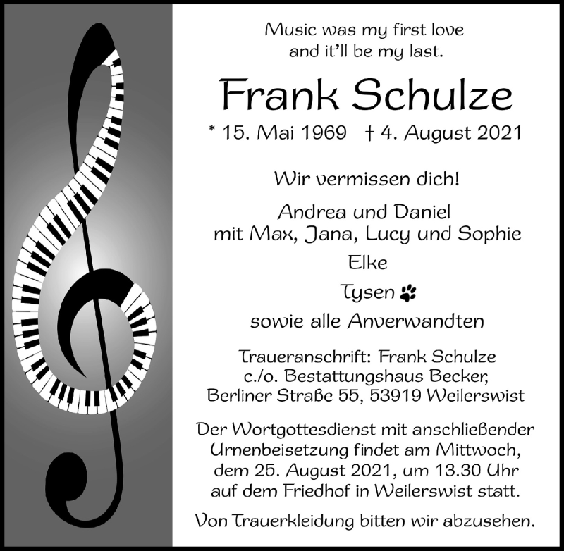  Traueranzeige für Frank Schulze vom 14.08.2021 aus  Blickpunkt Euskirchen 