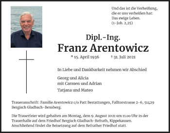 Anzeige von Franz Arentowicz von Kölner Stadt-Anzeiger / Kölnische Rundschau / Express