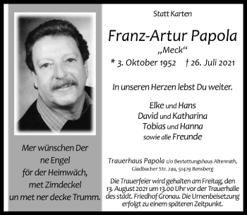 Anzeige von Franz-Artur Papola von  Bergisches Handelsblatt 
