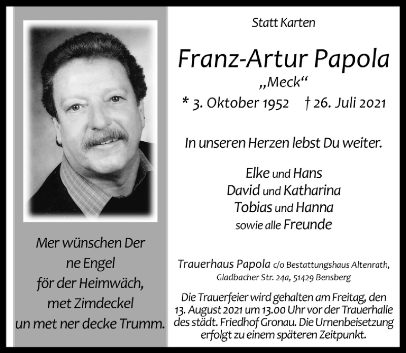 Traueranzeige für Franz-Artur Papola vom 06.08.2021 aus  Bergisches Handelsblatt 