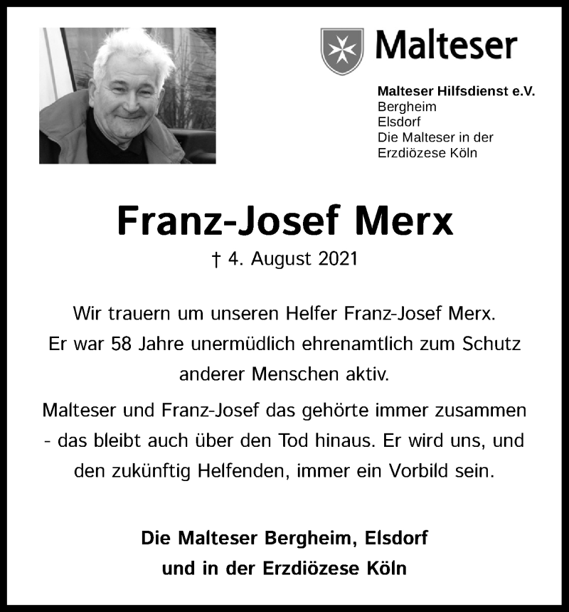  Traueranzeige für Franz-Josef Merx vom 14.08.2021 aus Kölner Stadt-Anzeiger / Kölnische Rundschau / Express