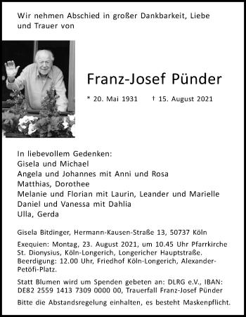 Anzeige von Franz-Josef Pünder von Kölner Stadt-Anzeiger / Kölnische Rundschau / Express