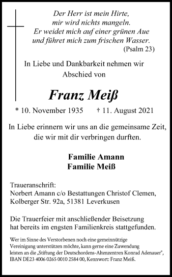 Anzeige von Franz Meiß von Kölner Stadt-Anzeiger / Kölnische Rundschau / Express
