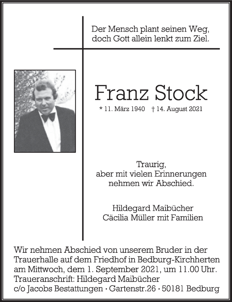  Traueranzeige für Franz Stock vom 27.08.2021 aus  Werbepost 