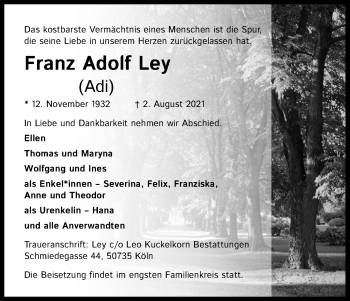 Anzeige von Franz Adolf Ley von Kölner Stadt-Anzeiger / Kölnische Rundschau / Express