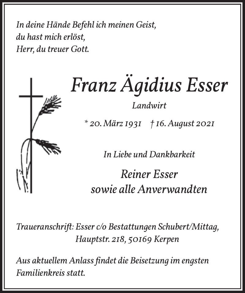  Traueranzeige für Franz Ägidius Esser vom 21.08.2021 aus  Werbepost 