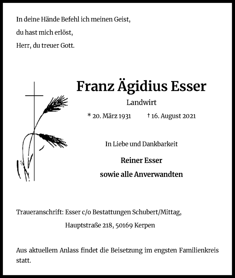  Traueranzeige für Franz Ägidius Esser vom 21.08.2021 aus Kölner Stadt-Anzeiger / Kölnische Rundschau / Express