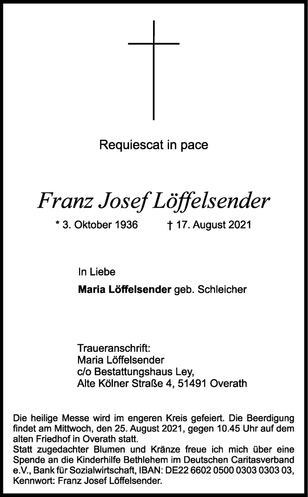  Traueranzeige für Franz Josef Löffelsender vom 21.08.2021 aus Kölner Stadt-Anzeiger / Kölnische Rundschau / Express