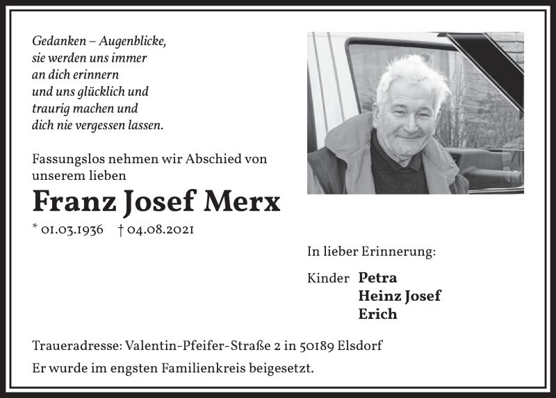  Traueranzeige für Franz Josef Merx vom 13.08.2021 aus  Werbepost 