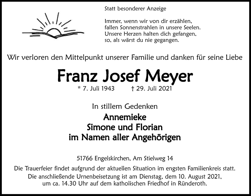  Traueranzeige für Franz Josef Meyer vom 07.08.2021 aus Kölner Stadt-Anzeiger / Kölnische Rundschau / Express