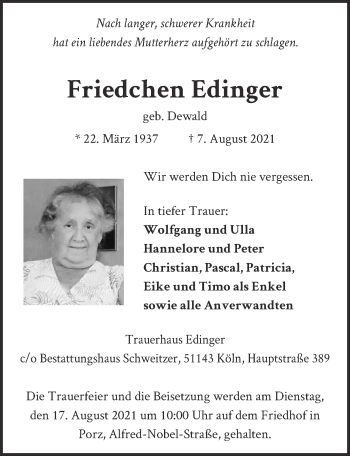Anzeige von Friedchen Edinger von  Kölner Wochenspiegel 