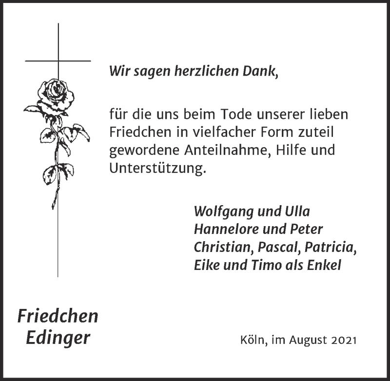  Traueranzeige für Friedchen Edinger vom 27.08.2021 aus  Kölner Wochenspiegel 