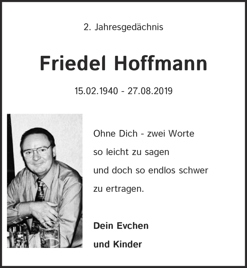  Traueranzeige für Friedel Hoffmann vom 27.08.2021 aus  Kölner Wochenspiegel 