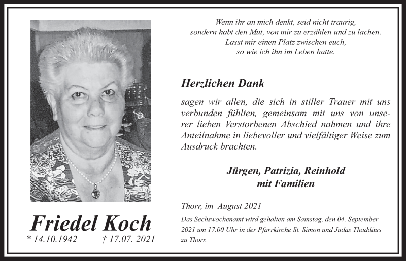  Traueranzeige für Friedel Koch vom 27.08.2021 aus  Werbepost 