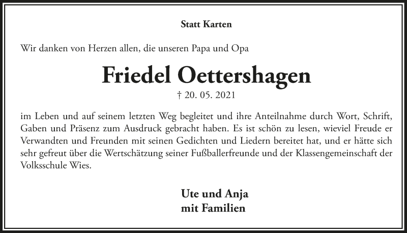  Traueranzeige für Friedel Oettershagen vom 06.08.2021 aus  Lokalanzeiger 