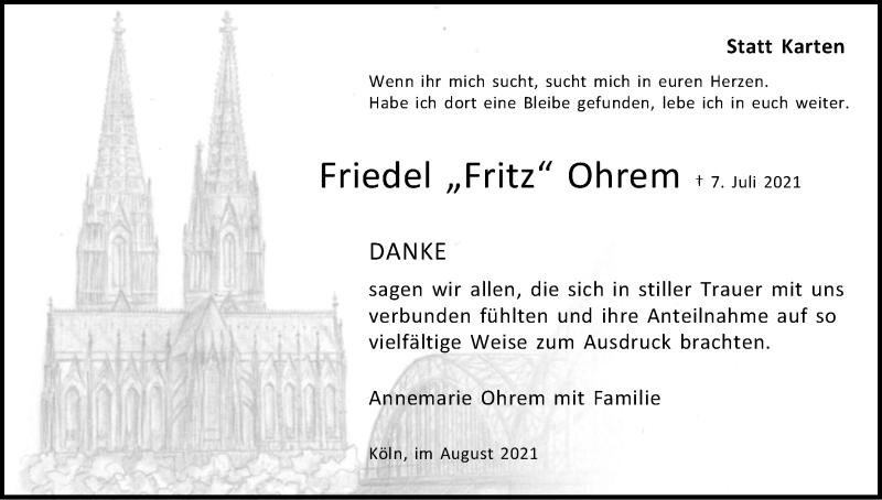  Traueranzeige für Friedel Ohrem vom 21.08.2021 aus Kölner Stadt-Anzeiger / Kölnische Rundschau / Express