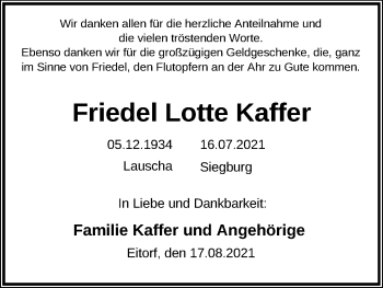 Anzeige von Friedel Lotte Kaffer von Kölner Stadt-Anzeiger / Kölnische Rundschau / Express