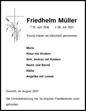 Anzeige von Friedhelm Müller von Kölner Stadt-Anzeiger / Kölnische Rundschau / Express