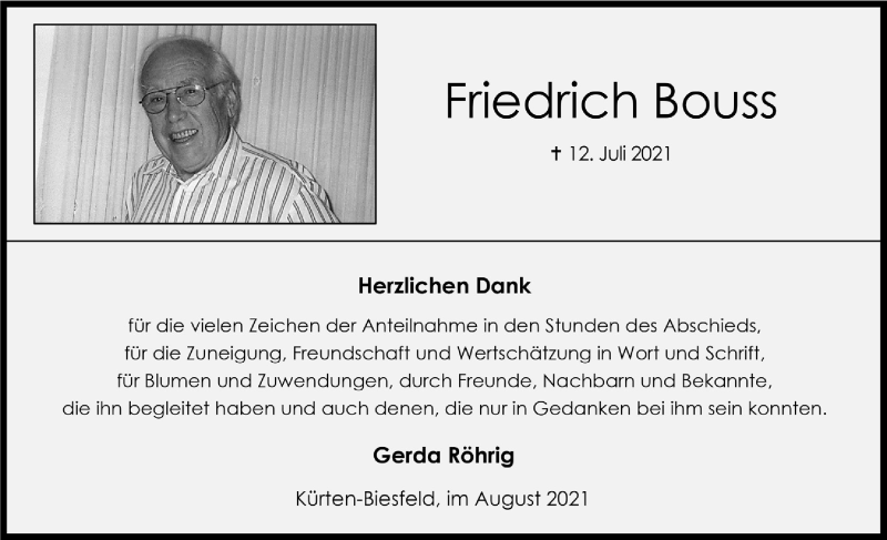  Traueranzeige für Friedrich Bouss vom 20.08.2021 aus  Bergisches Handelsblatt 
