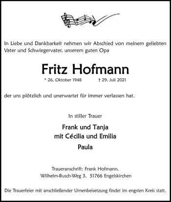 Anzeige von Fritz Hofmann von  Anzeigen Echo 