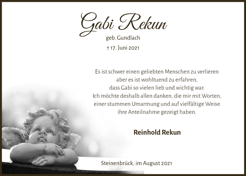  Traueranzeige für Gabi Rekun vom 13.08.2021 aus  Bergisches Handelsblatt 