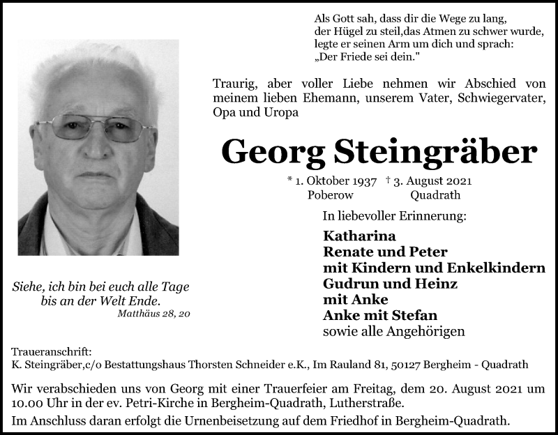  Traueranzeige für Georg Steingräber vom 14.08.2021 aus Kölner Stadt-Anzeiger / Kölnische Rundschau / Express