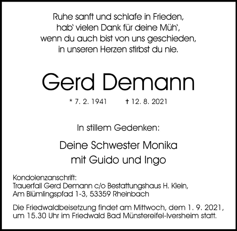  Traueranzeige für Gerd Demann vom 27.08.2021 aus  Schaufenster/Blickpunkt 