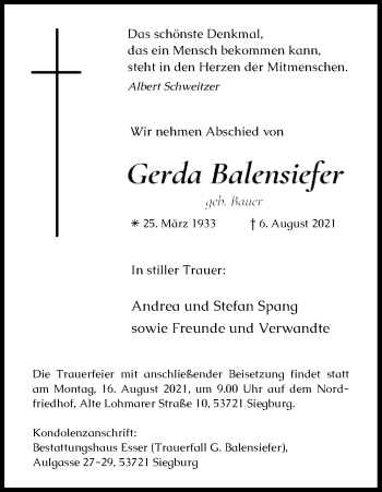 Anzeige von Gerda Balensiefer von Kölner Stadt-Anzeiger / Kölnische Rundschau / Express
