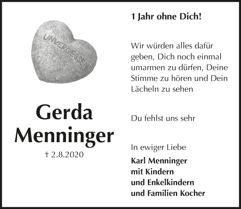  Traueranzeige für Gerda Menninger vom 06.08.2021 aus  Anzeigen Echo 
