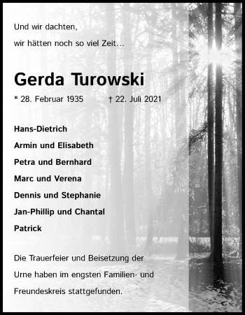 Anzeige von Gerda Turowski von Kölner Stadt-Anzeiger / Kölnische Rundschau / Express