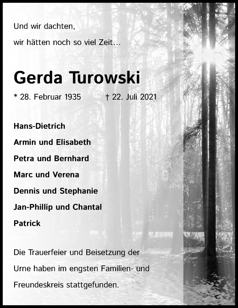  Traueranzeige für Gerda Turowski vom 11.08.2021 aus Kölner Stadt-Anzeiger / Kölnische Rundschau / Express
