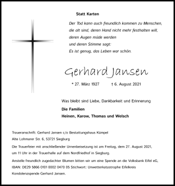 Anzeige von Gerhard Jansen von Kölner Stadt-Anzeiger / Kölnische Rundschau / Express