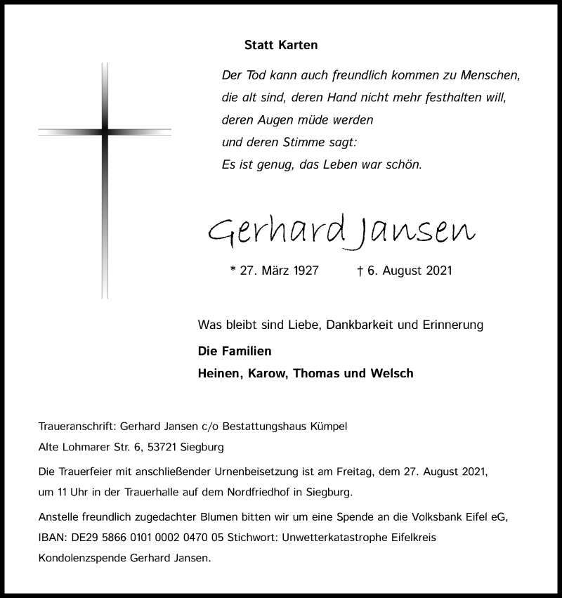 Traueranzeige für Gerhard Jansen vom 14.08.2021 aus Kölner Stadt-Anzeiger / Kölnische Rundschau / Express