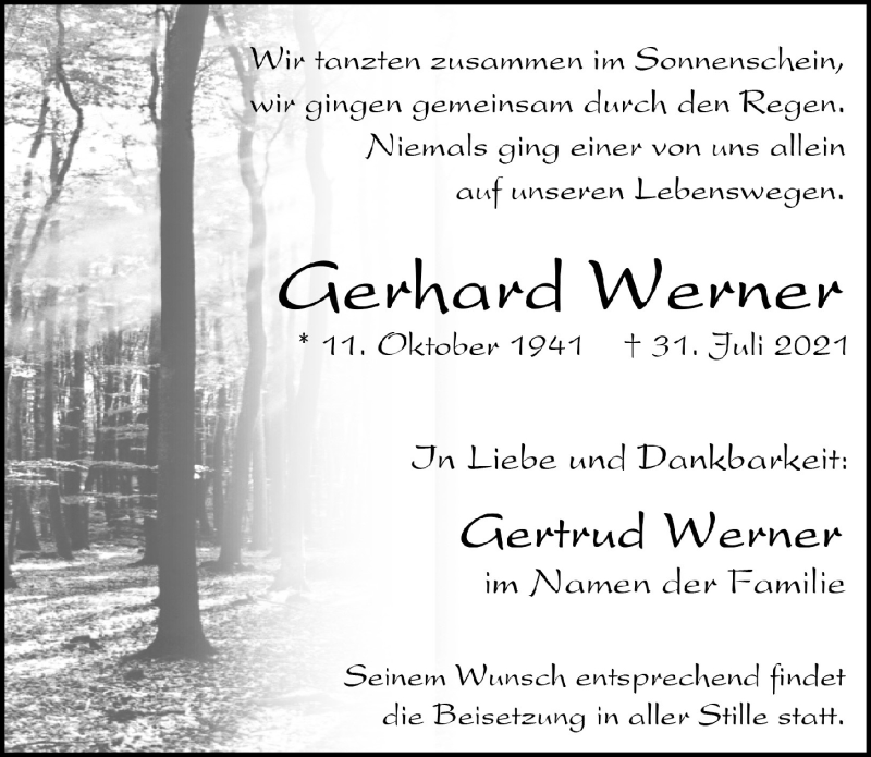  Traueranzeige für Gerhard Werner vom 07.08.2021 aus  Blickpunkt Euskirchen 