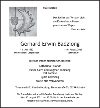 Anzeige von Gerhard Erwin Badziong von  Wochenende 