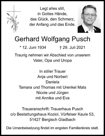 Anzeige von Gerhard Wolfgang Pusch von Kölner Stadt-Anzeiger / Kölnische Rundschau / Express