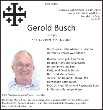 Anzeige von Gerold Busch von Kölner Stadt-Anzeiger / Kölnische Rundschau / Express