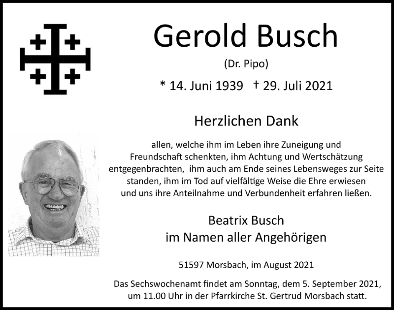  Traueranzeige für Gerold Busch vom 27.08.2021 aus  Lokalanzeiger 