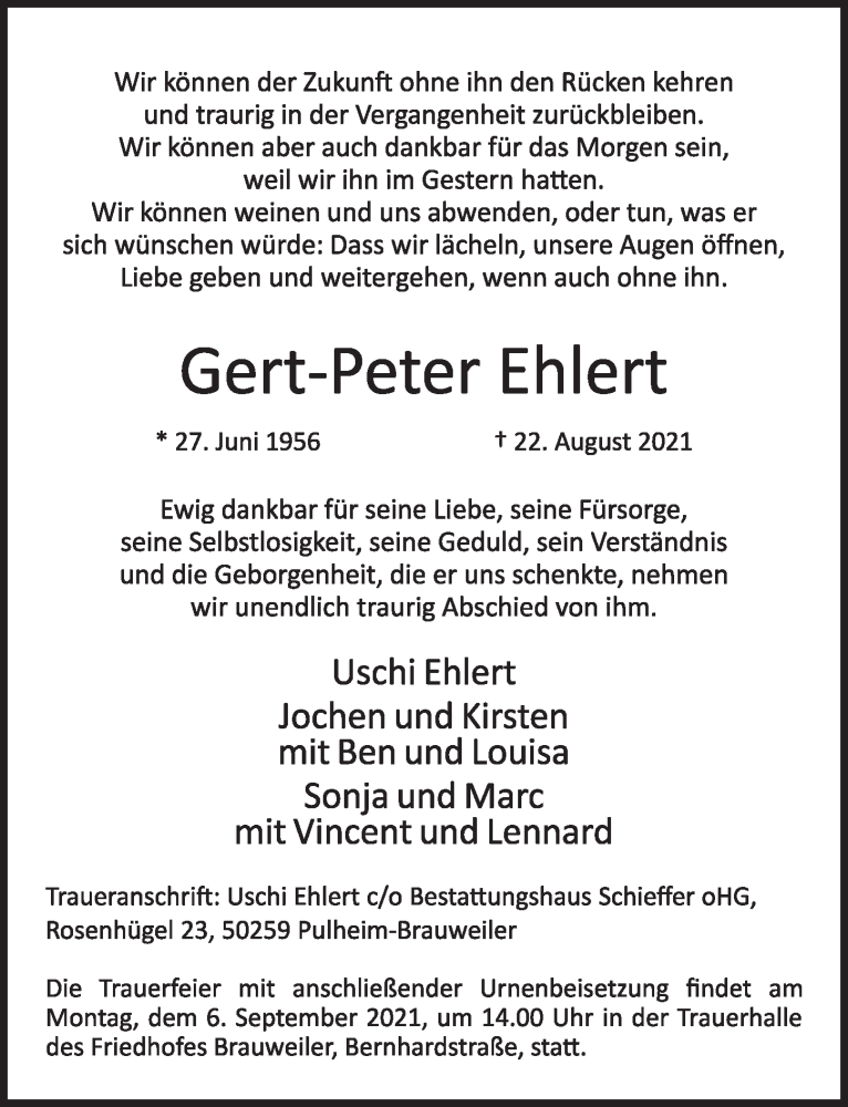  Traueranzeige für Gert-Peter Ehlert vom 27.08.2021 aus  Wochenende 