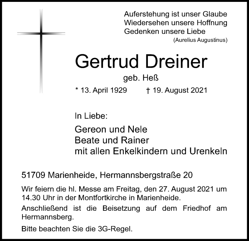  Traueranzeige für Gertrud Dreiner vom 25.08.2021 aus Kölner Stadt-Anzeiger / Kölnische Rundschau / Express