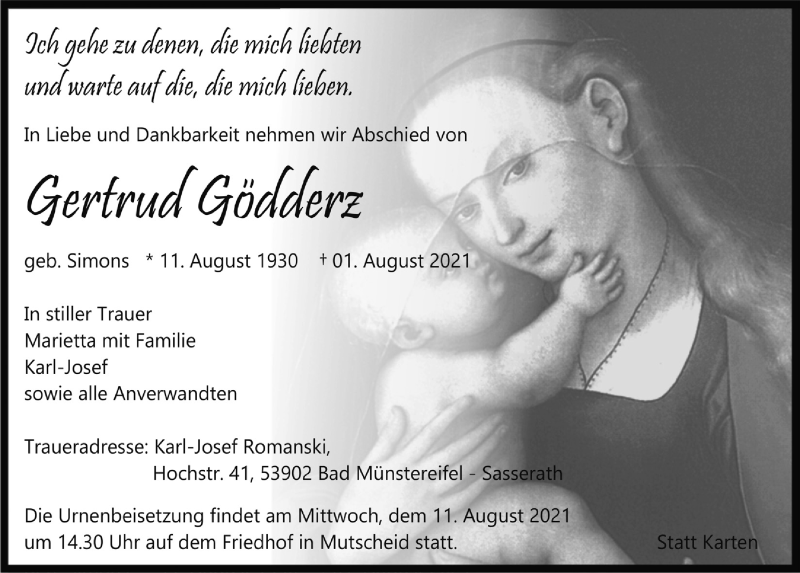  Traueranzeige für Gertrud Gödderz vom 07.08.2021 aus  Blickpunkt Euskirchen 