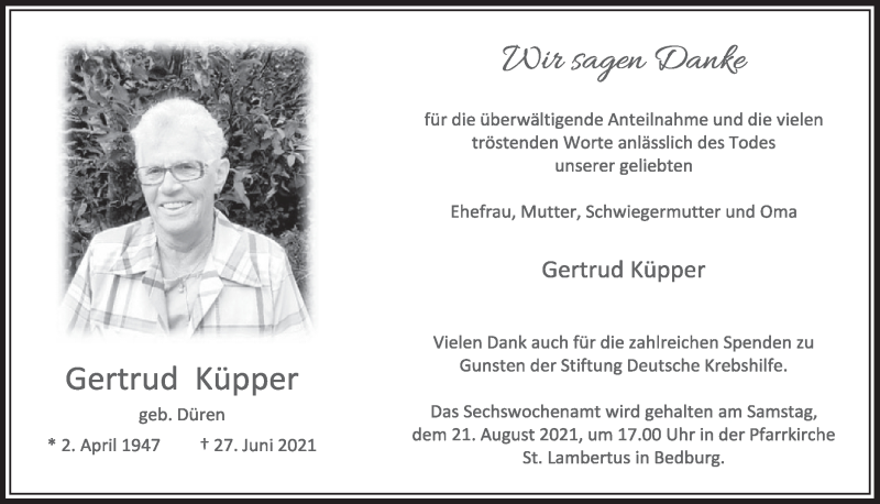  Traueranzeige für Gertrud Küpper vom 06.08.2021 aus  Werbepost 