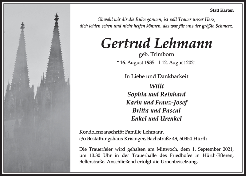  Traueranzeige für Gertrud Lehmann vom 27.08.2021 aus  Wochenende 