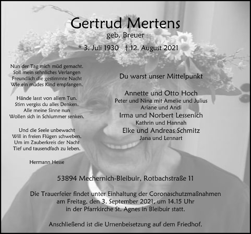  Traueranzeige für Gertrud Mertens vom 21.08.2021 aus  Blickpunkt Euskirchen 
