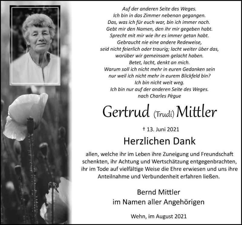  Traueranzeige für Gertrud  Mittler vom 06.08.2021 aus  Lokalanzeiger 