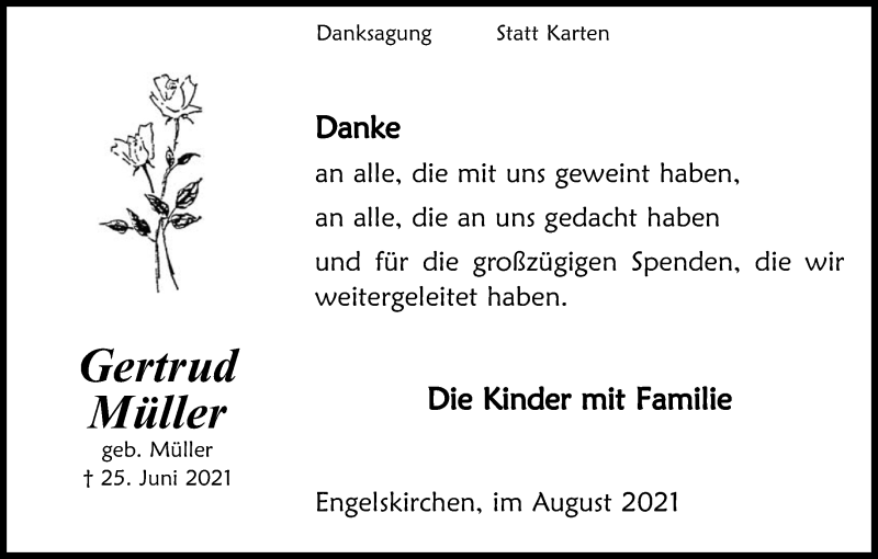  Traueranzeige für Gertrud Müller vom 14.08.2021 aus Kölner Stadt-Anzeiger / Kölnische Rundschau / Express